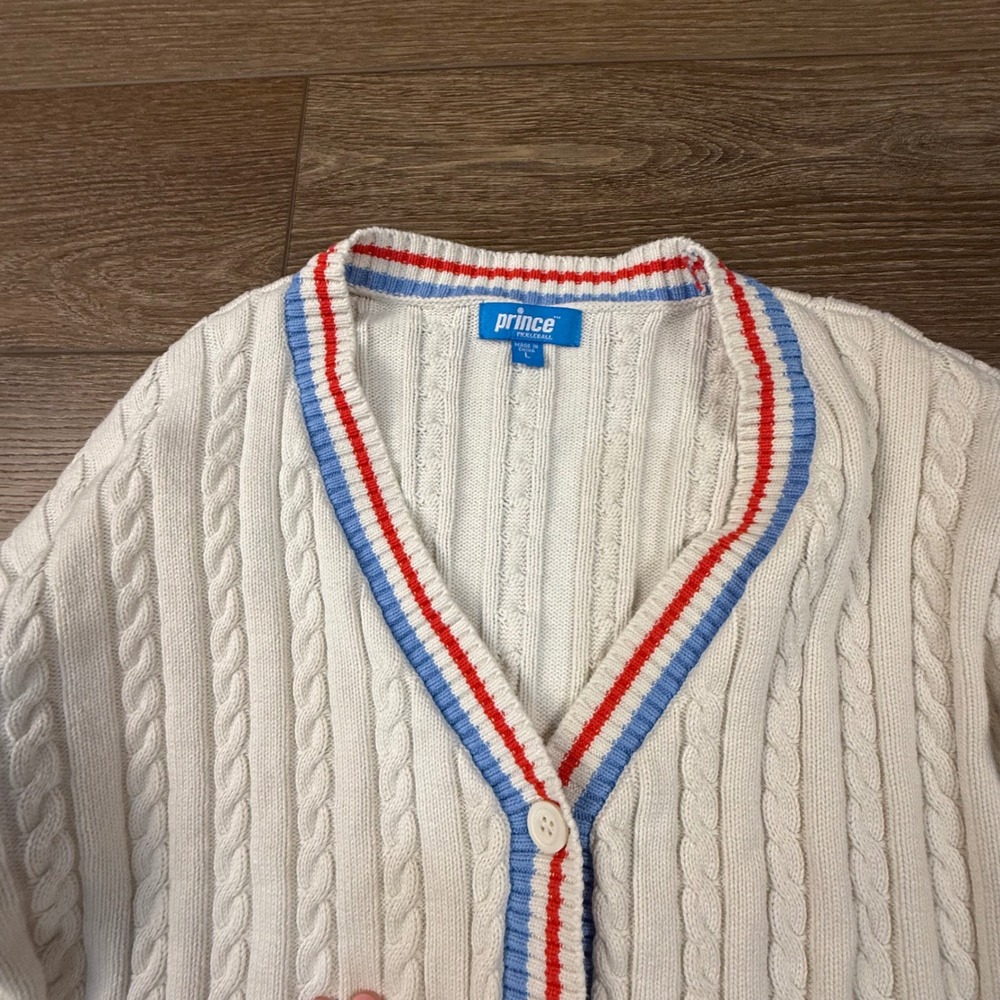 Prince Pickleball Cable Knit Cardigan Sweater Red Blue Trim Women's Size L VNeck - Picture 10 of 15